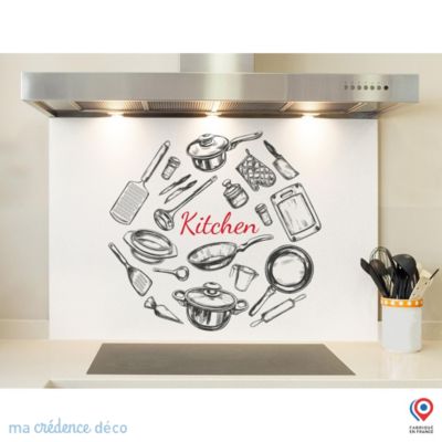 Crédence cuisine fond de hotte Dessin et ustensiles - Verre trempé - L 70 cm x H 60 cm - MaCrédenceDéco