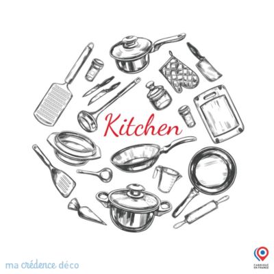 Crédence cuisine fond de hotte Dessin et ustensiles - Verre trempé - L 70 cm x H 60 cm - MaCrédenceDéco