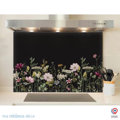 Crédence cuisine fond de hotte Dessin fleurs et aquarelle 1 - Verre trempé - L 90 cm x H 50 cm - MaCrédenceDéco