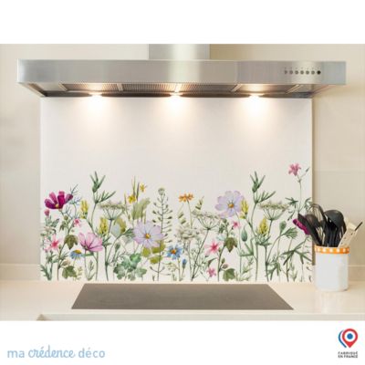 Crédence cuisine fond de hotte Dessin fleurs et aquarelle 2 - Verre trempé - L 90 cm x H 50 cm - MaCrédenceDéco