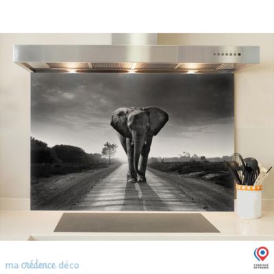 Crédence cuisine fond de hotte Eléphant Noir et blanc - Verre trempé - L 90 cm x H 50 cm - MaCrédenceDéco