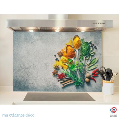 Crédence cuisine fond de hotte Epices et cuillères 1 - Verre trempé - L 90 cm x H 50 cm - MaCrédenceDéco