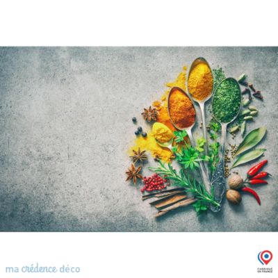 Crédence cuisine fond de hotte Epices et cuillères 1 - Verre trempé - L 90 cm x H 50 cm - MaCrédenceDéco