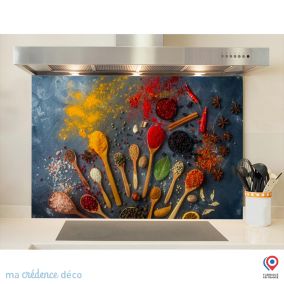 Crédence cuisine fond de hotte Epices et cuillères 4 - Verre trempé - L 90 cm x H 60 cm - MaCrédenceDéco
