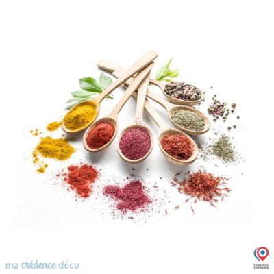 Crédence cuisine fond de hotte Epices et cuillères bois - Verre trempé - L 90 cm x H 70 cm