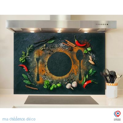 Crédence cuisine fond de hotte Epices sur ardoise 1 - Verre trempé - L 90 cm x H 60 cm - MaCrédenceDéco