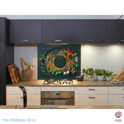Crédence cuisine fond de hotte Epices sur ardoise 1 - Verre trempé - L 90 cm x H 60 cm - MaCrédenceDéco