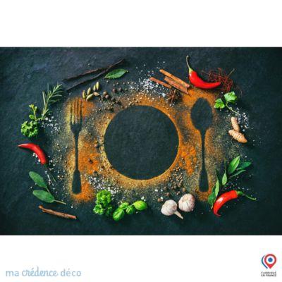 Crédence cuisine fond de hotte Epices sur ardoise 1 - Verre trempé - L 90 cm x H 60 cm - MaCrédenceDéco