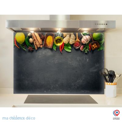 Crédence cuisine fond de hotte Epices sur ardoise - Verre trempé - L 90 cm x H 70 cm - MaCrédenceDéco