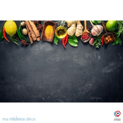 Crédence cuisine fond de hotte Epices sur ardoise - Verre trempé - L 90 cm x H 70 cm - MaCrédenceDéco
