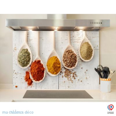 Crédence cuisine fond de hotte Epices sur bois 2 - Verre trempé - L 90 cm x H 60 cm - MaCrédenceDéco
