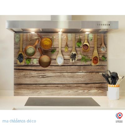 Crédence cuisine fond de hotte Epices sur bois - Verre trempé - L 70 cm x H 60 cm - MaCrédenceDéco