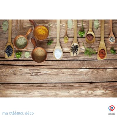Crédence cuisine fond de hotte Epices sur bois - Verre trempé - L 70 cm x H 60 cm - MaCrédenceDéco