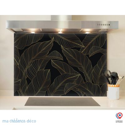 Crédence cuisine fond de hotte feuilles dorées 3 - Verre trempé - L 70 cm x H 60 cm - MaCrédenceDéco