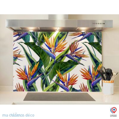 Crédence cuisine fond de hotte feuilles et fleurs tropicales 1 - Verre trempé - L 90 cm x H 50 cm - MaCrédenceDéco