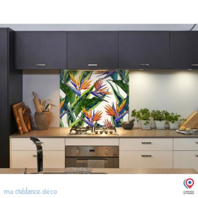 Crédence cuisine fond de hotte feuilles et fleurs tropicales 1 - Verre trempé - L 90 cm x H 50 cm - MaCrédenceDéco