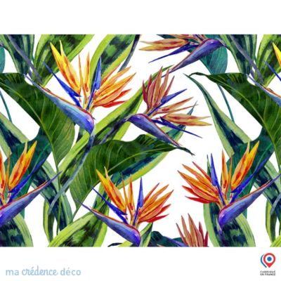 Crédence cuisine fond de hotte feuilles et fleurs tropicales 1 - Verre trempé - L 90 cm x H 50 cm - MaCrédenceDéco