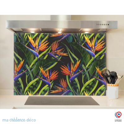 Crédence cuisine fond de hotte feuilles et fleurs tropicales 2 - Alu composite - L 90 cm x H 70 cm - MaCrédenceDéco
