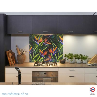 Crédence cuisine fond de hotte feuilles et fleurs tropicales 2 - Alu composite - L 90 cm x H 70 cm - MaCrédenceDéco