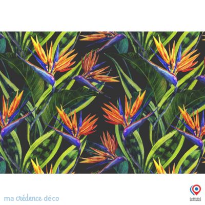 Crédence cuisine fond de hotte feuilles et fleurs tropicales 2 - Alu composite - L 90 cm x H 70 cm - MaCrédenceDéco