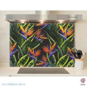 Crédence cuisine fond de hotte feuilles et fleurs tropicales 2 - Verre trempé - L 90 cm x H 60 cm - MaCrédenceDéco