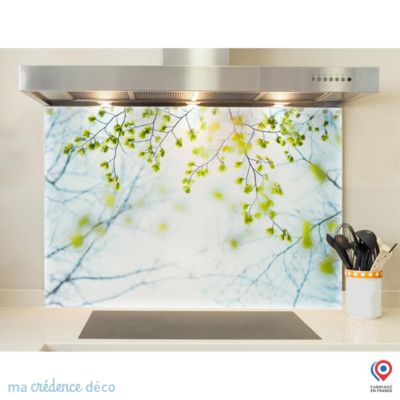 Crédence cuisine fond de hotte feuilles et lumière - Verre trempé - L 90 cm x H 70 cm - MaCrédenceDéco