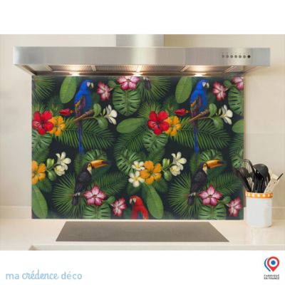 Crédence cuisine fond de hotte fleurs et feuilles tropicales - Verre trempé - L 90 cm x H 60 cm - MaCrédenceDéco