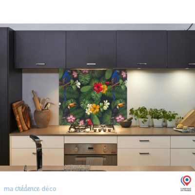 Crédence cuisine fond de hotte fleurs et feuilles tropicales - Verre trempé - L 90 cm x H 60 cm - MaCrédenceDéco