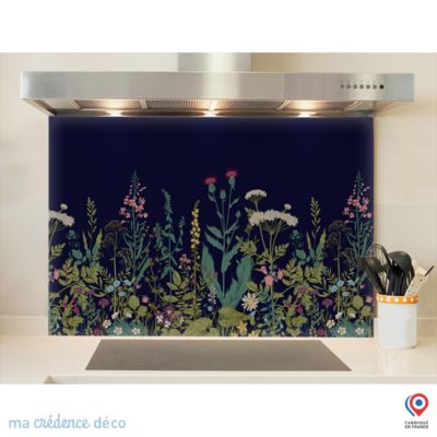 Crédence cuisine fond de hotte fleurs sauvages et colorées noir - Verre trempé - L 90 cm x H 60 cm - MaCrédenceDéco