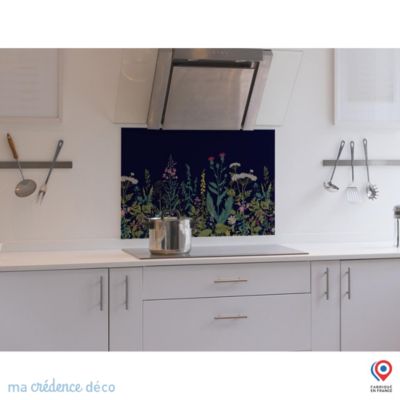 Crédence cuisine fond de hotte fleurs sauvages et colorées noir - Verre trempé - L 90 cm x H 60 cm - MaCrédenceDéco