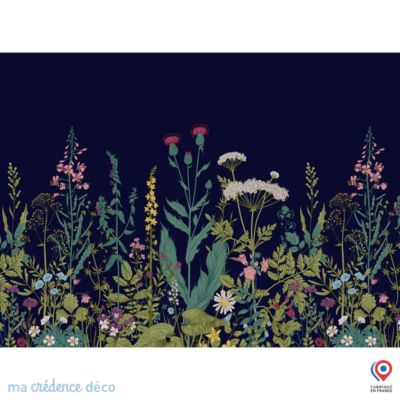 Crédence cuisine fond de hotte fleurs sauvages et colorées noir - Verre trempé - L 90 cm x H 60 cm - MaCrédenceDéco