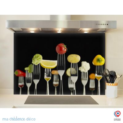 Crédence cuisine fond de hotte fourchettes et aliments 2 - Verre trempé - L 70 cm x H 60 cm - MaCrédenceDéco