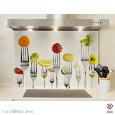 Crédence cuisine fond de hotte fourchettes et aliments - Verre trempé - L 90 cm x H 70 cm - MaCrédenceDéco
