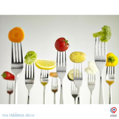 Crédence cuisine fond de hotte fourchettes et aliments - Verre trempé - L 90 cm x H 70 cm - MaCrédenceDéco