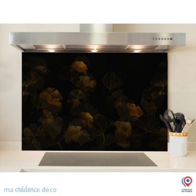 Crédence cuisine fond de hotte Gingkos dorés 2 - Verre trempé - L 90 cm x H 70 cm - MaCrédenceDéco