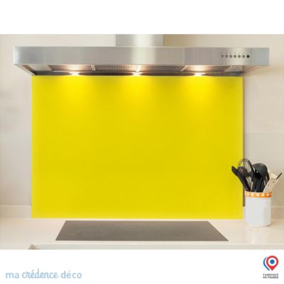 Crédence cuisine fond de hotte Jaune brillant RAL 1026 - Verre trempé - L 90 cm x H 50 cm - MaCrédenceDéco