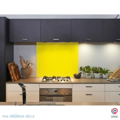 Crédence cuisine fond de hotte Jaune brillant RAL 1026 - Verre trempé - L 90 cm x H 50 cm - MaCrédenceDéco