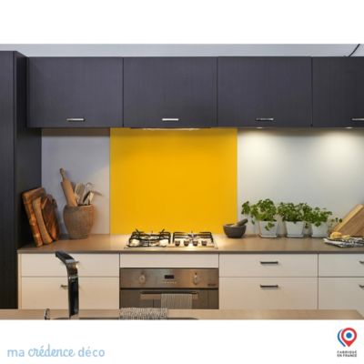 Crédence cuisine fond de hotte Jaune signalisation RAL 1023 - Verre trempé - L 90 cm x H 70 cm - MaCrédenceDéco