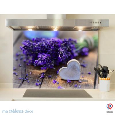 Crédence cuisine fond de hotte Lavande et cœur - Verre trempé - L 90 cm x H 50 cm - MaCrédenceDéco