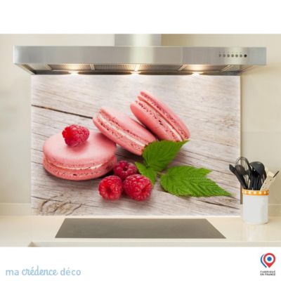 Crédence cuisine fond de hotte Macarons et framboises - Verre trempé - L 90 cm x H 70 cm - MaCrédenceDéco