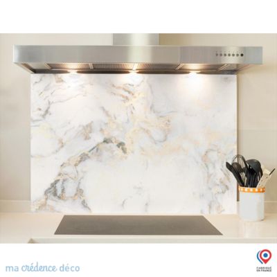 Crédence cuisine fond de hotte Marbre blanc doré - Verre trempé - L 70 cm x H 60 cm - MaCrédenceDéco