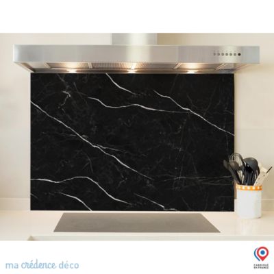 Crédence cuisine fond de hotte Marbre noir 3 - Verre trempé - L 90 cm x H 50 cm - MaCrédenceDéco
