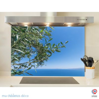 Crédence cuisine fond de hotte Mer avec olivier - Verre trempé - L 90 cm x H 50 cm - MaCrédenceDéco