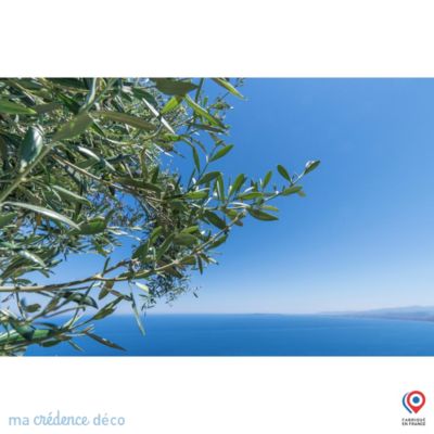 Crédence cuisine fond de hotte Mer avec olivier - Verre trempé - L 90 cm x H 50 cm - MaCrédenceDéco