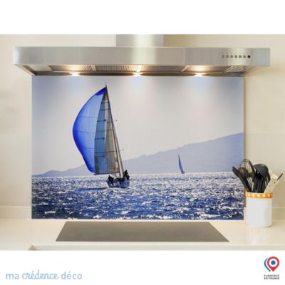 Crédence cuisine fond de hotte Mer et bateau 2 - Verre trempé - L 90 cm x H 50 cm - MaCrédenceDéco