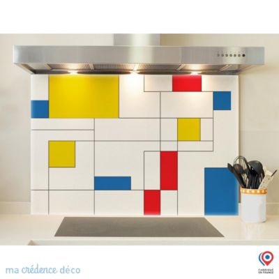 Crédence cuisine fond de hotte Mondrian - Verre trempé - L 90 cm x H 60 cm - MaCrédenceDéco