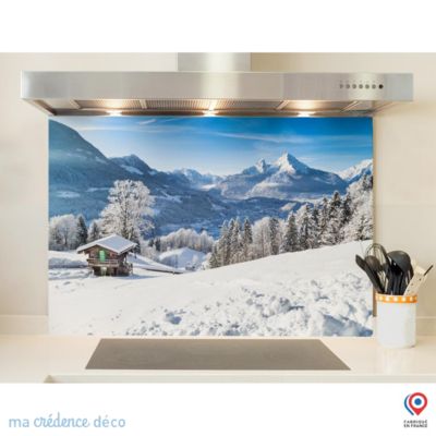 Crédence cuisine fond de hotte Montagnes enneigées - Verre trempé - L 70 cm x H 60 cm - MaCrédenceDéco