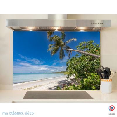 Crédence cuisine fond de hotte Palmier et ciel bleu - Verre trempé - L 90 cm x H 50 cm - MaCrédenceDéco