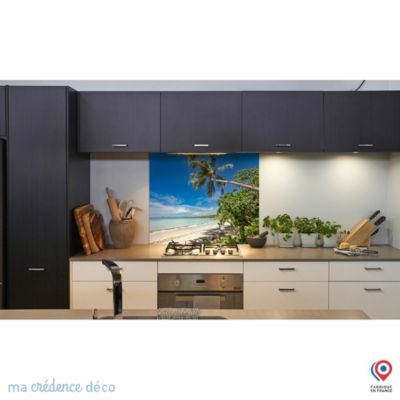Crédence cuisine fond de hotte Palmier et ciel bleu - Verre trempé - L 90 cm x H 50 cm - MaCrédenceDéco