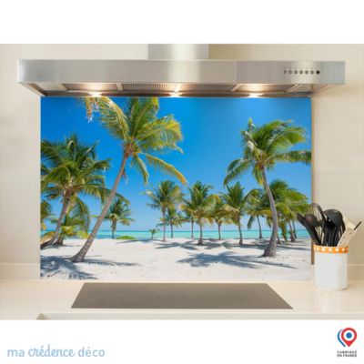Crédence cuisine fond de hotte Plage et palmiers - Verre trempé - L 90 cm x H 60 cm - MaCrédenceDéco